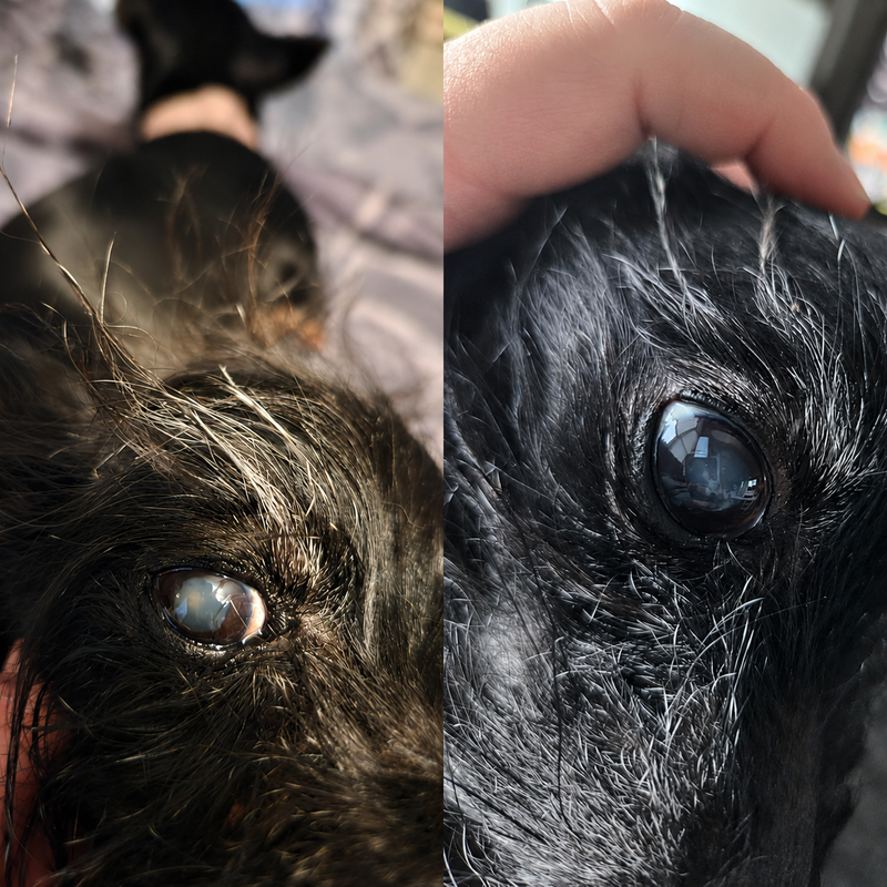 Black dog eye before and after